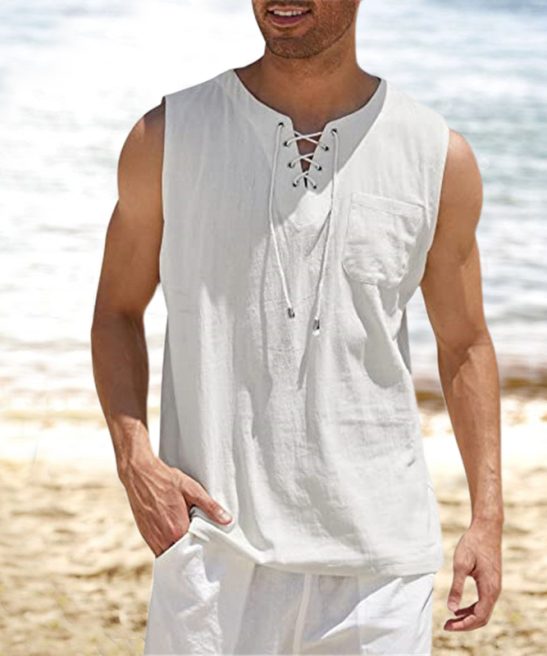 Lace-Up Linen Tank Top